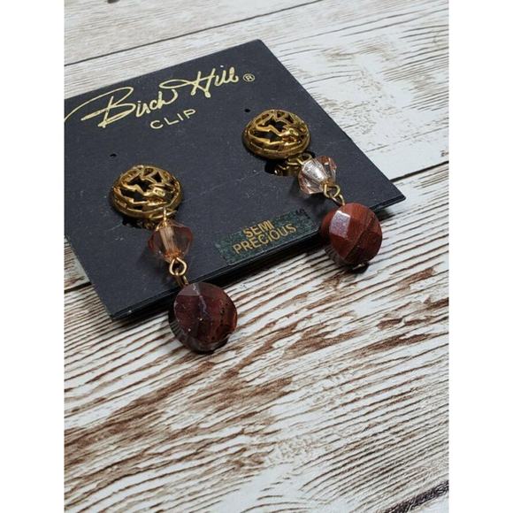 Vintage Birch Hill Clip On Earrings Brown Semi Precious Dangle Earrings - Picture 2 of 5